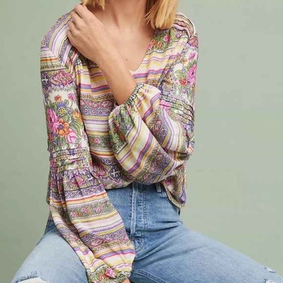 Maeve Anthropologie Ceresco Peasant Blouse boho Shirt Multi Pastel floral top Md - Picture 10 of 10